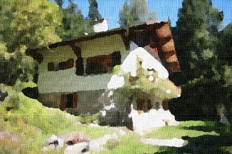 Picture of the Génépi chalet in summer with oil painting effect
