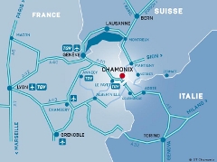 Carte du secteur de Chamonix Mont-Blanc élargie entre la France, la Suisse et l'Italie